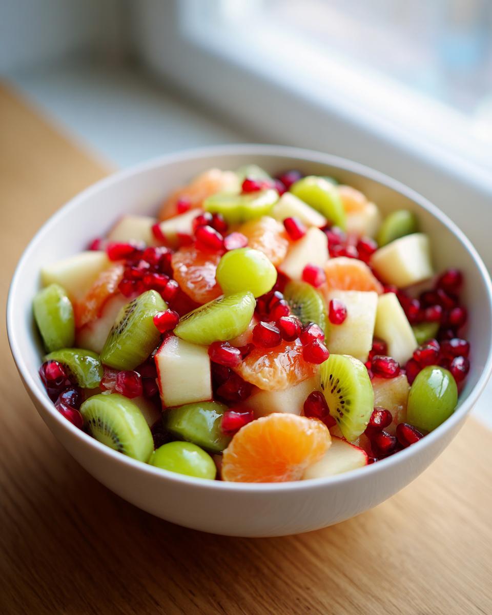 Close-up of a vibrant winter fruit salad featuring kiwi, grapes, pomegranate seeds, and mandarin segments.