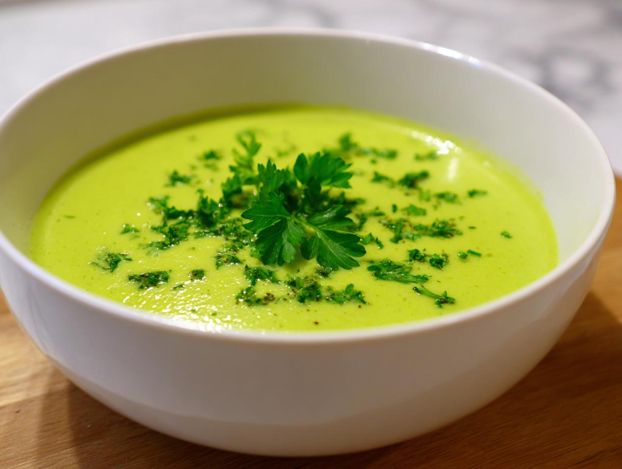 Close-up of a bowl of vibrant green zucchini soup, garnished generously with fresh chopped parsley.