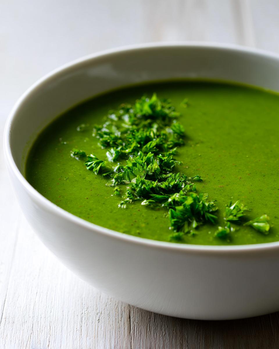 Close-up of a bowl of vibrant green zucchini soup topped with fresh chopped parsley.