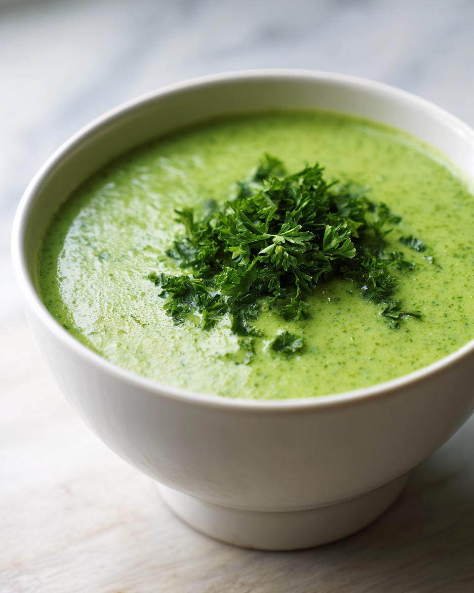 Close-up of a bowl of vibrant green zucchini soup garnished generously with fresh chopped parsley.