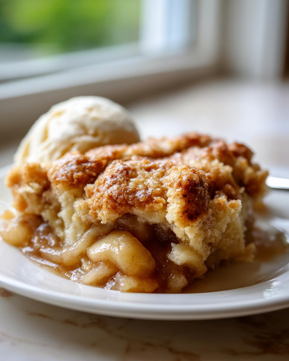 A warm slice of homemade apple cobbler topped with a scoop of vanilla ice cream on a white plate.