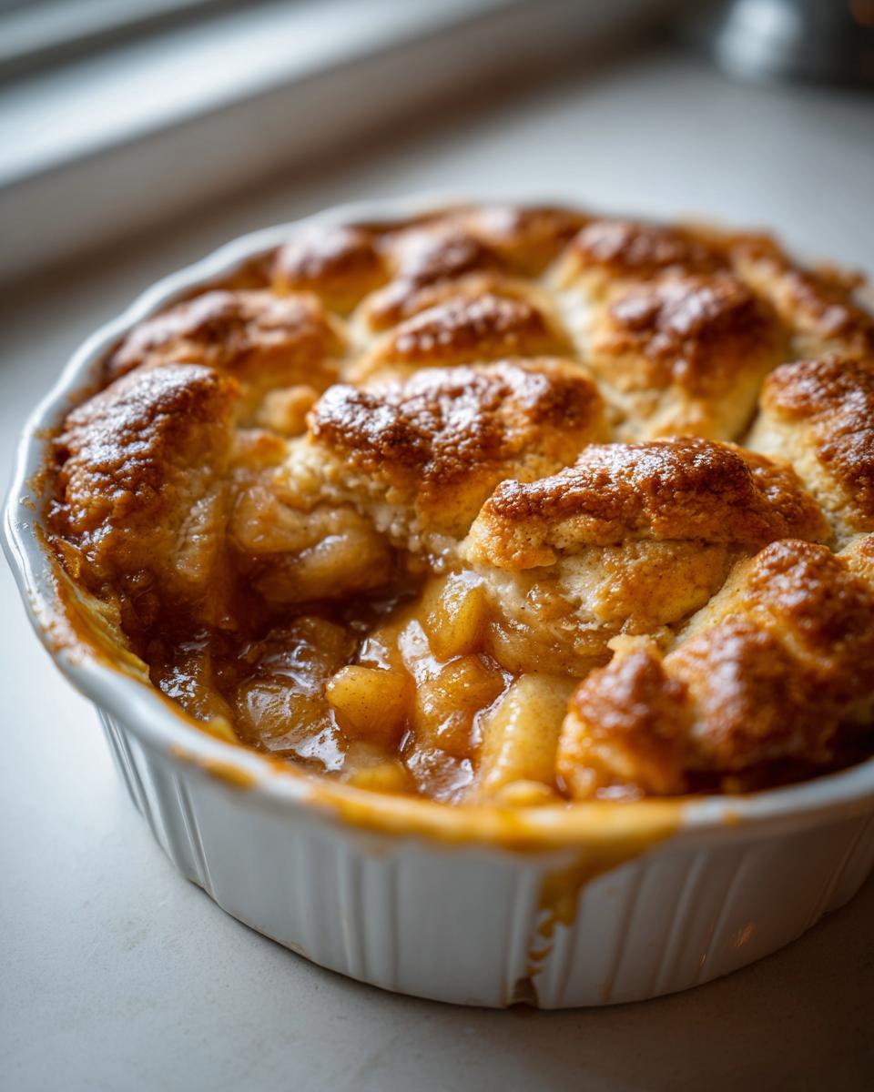 Close-up of a warm, bubbling apple cobbler with golden biscuit topping in a white ramekin.