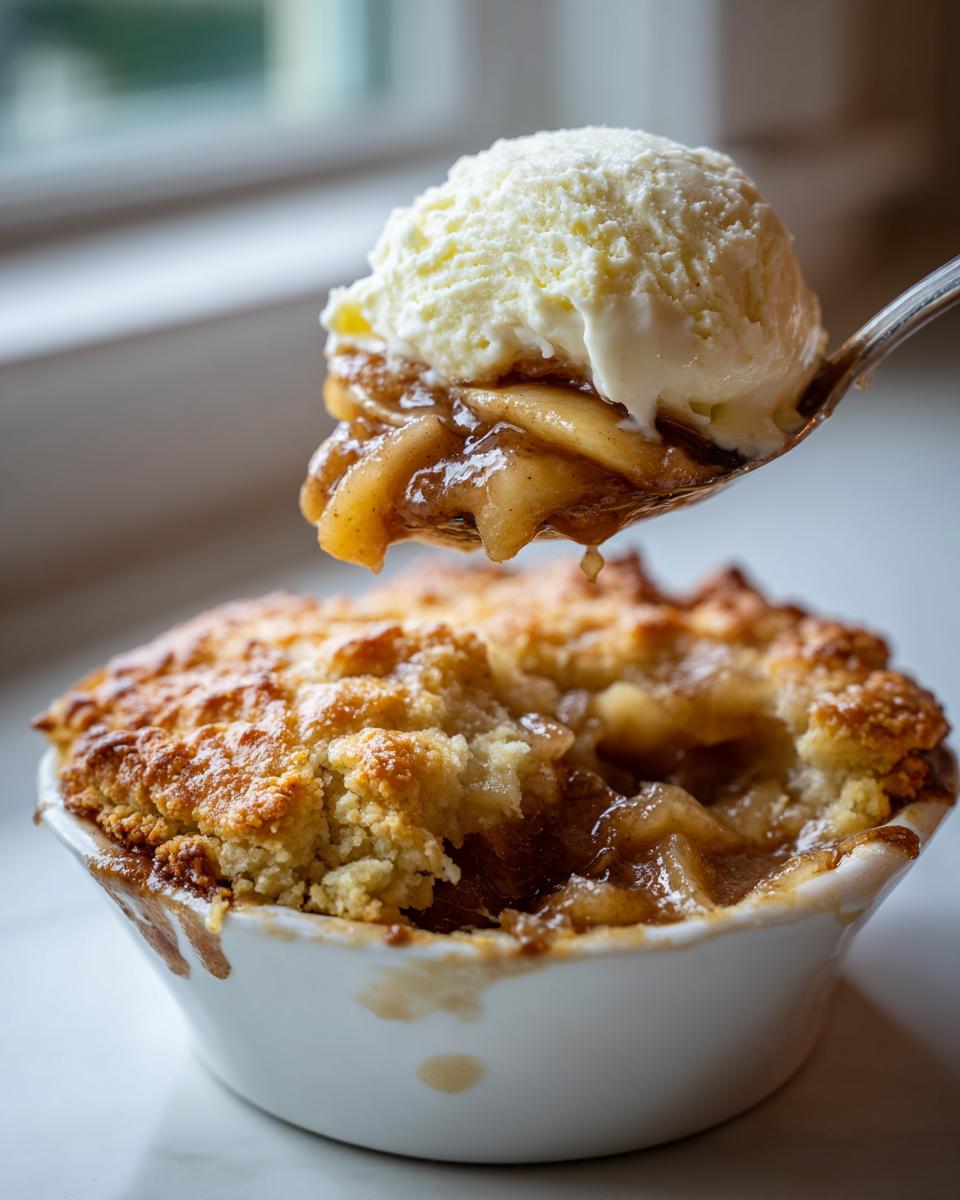 A spoonful of warm apple cobbler topped with melting vanilla ice cream being lifted from a white ramekin.