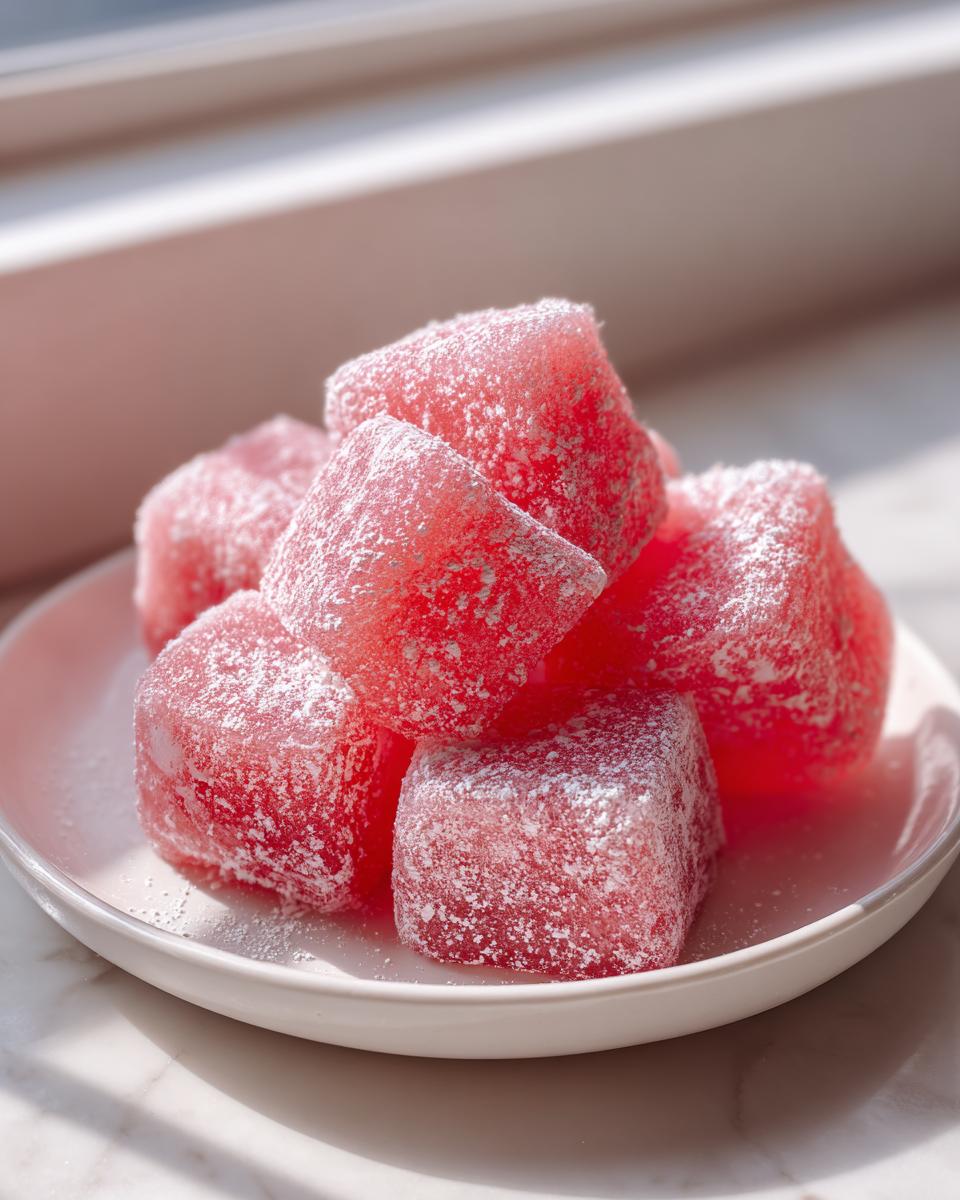 A stack of bright pink, square watermelon mochi dusted generously with powdered sugar on a small white plate.