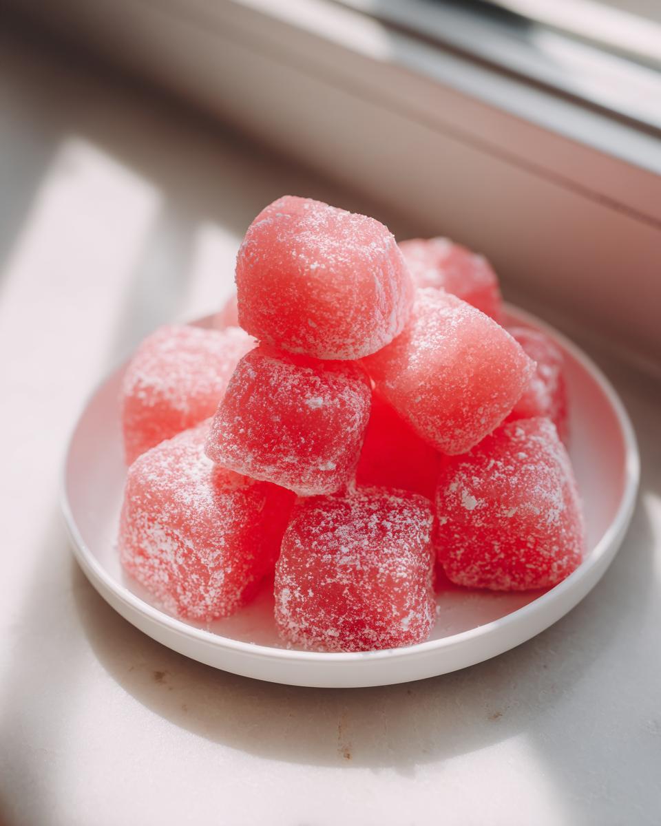 A small white plate piled high with bright pink, sugar-dusted watermelon mochi cubes, illuminated by sunlight.