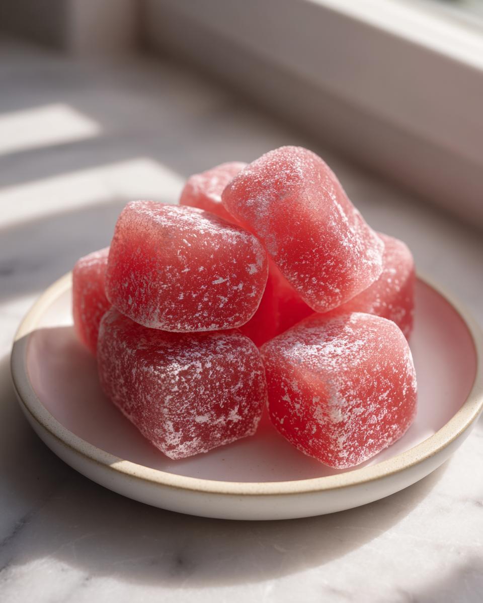 A small stack of bright pink, sugar-dusted watermelon mochi cubes resting on a light ceramic plate.