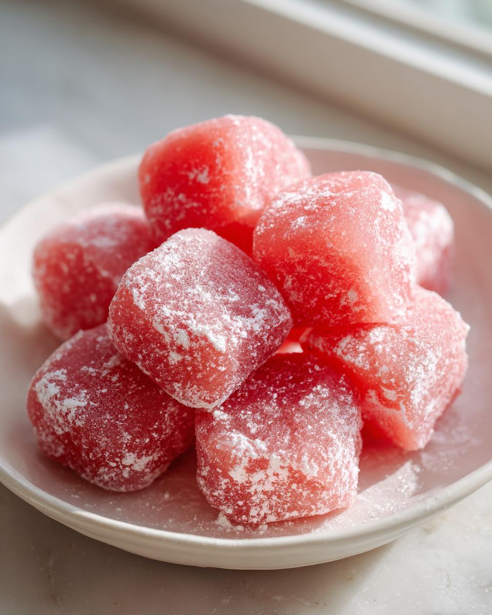 Close-up of several bright pink, square watermelon mochi pieces dusted with white powdered sugar on a small white plate.
