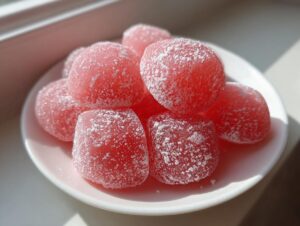 A pile of bright pink, square-shaped watermelon mochi, heavily dusted with white powdered sugar, sitting on a small white plate.