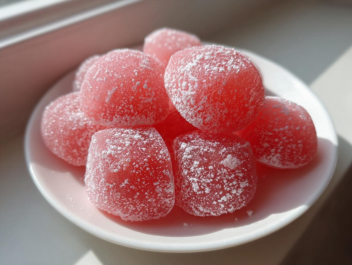 A pile of bright pink, square-shaped watermelon mochi, heavily dusted with white powdered sugar, sitting on a small white plate.
