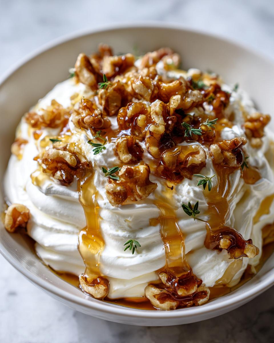 Close-up of a creamy whipped ricotta dip topped generously with candied walnuts, honey drizzle, and fresh thyme sprigs.