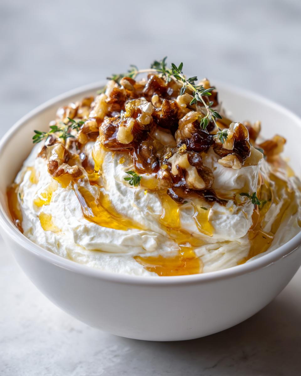 A close-up of creamy whipped ricotta dip topped with candied walnuts, honey drizzle, and fresh thyme sprigs.