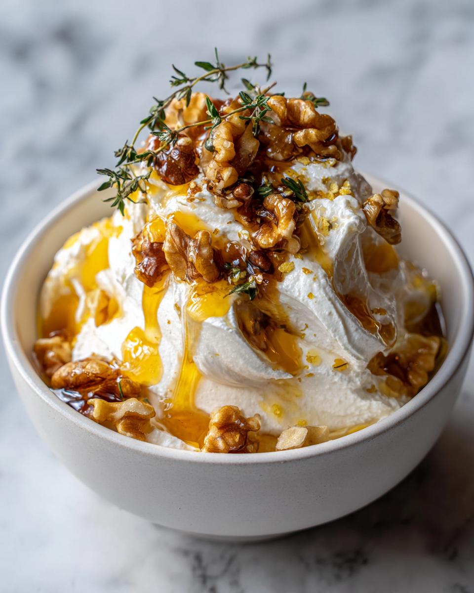 A bowl of creamy whipped ricotta dip topped generously with walnuts, honey drizzle, and fresh thyme sprigs.