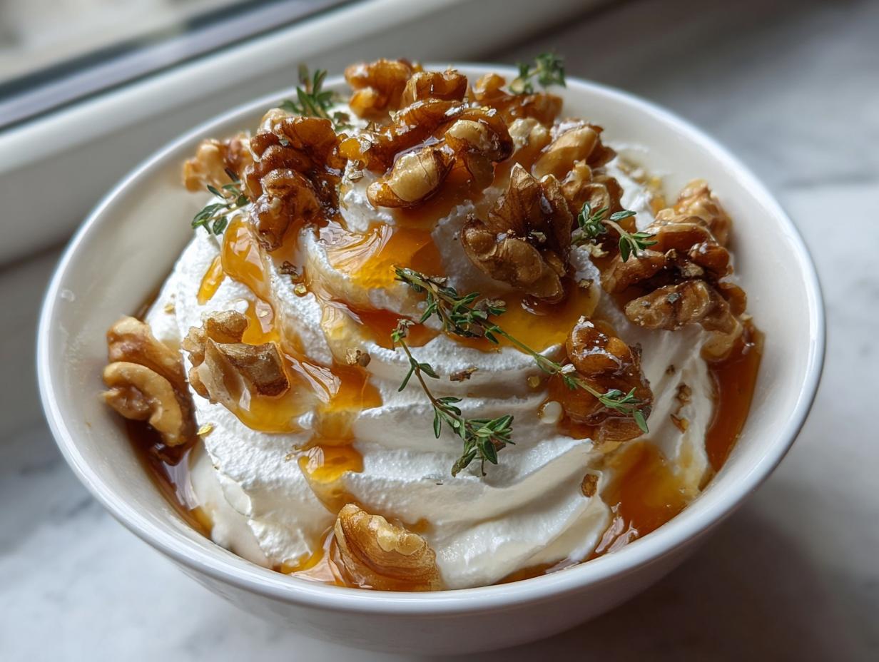 Close-up of a bowl of creamy whipped ricotta dip topped generously with candied walnuts, honey drizzle, and fresh thyme sprigs.