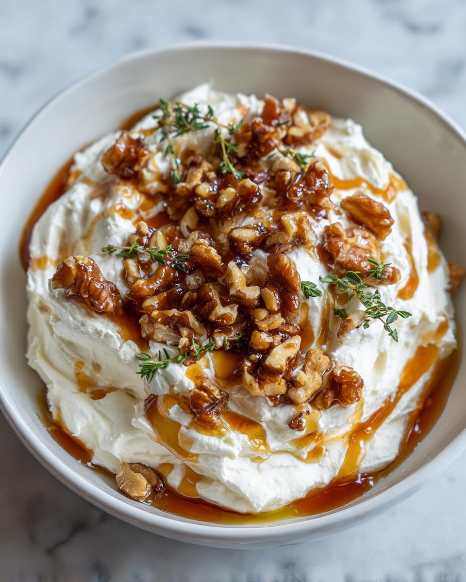 Close-up of a bowl of creamy whipped ricotta dip topped with candied walnuts, honey drizzle, and fresh thyme sprigs.